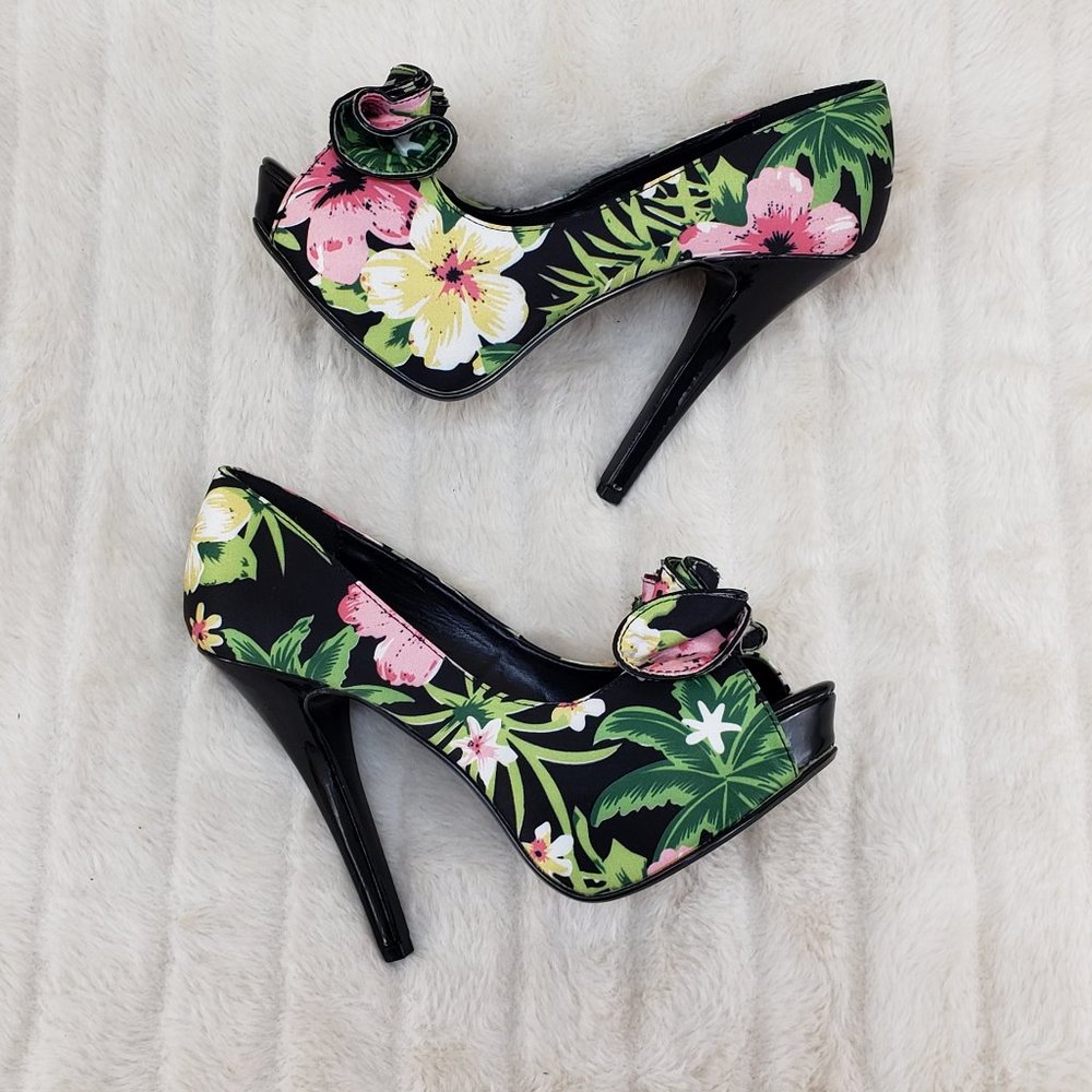 Tropical Floral Open Toe Ruffle Detail Platform Pumps Shoes - Picture 1 of 14
